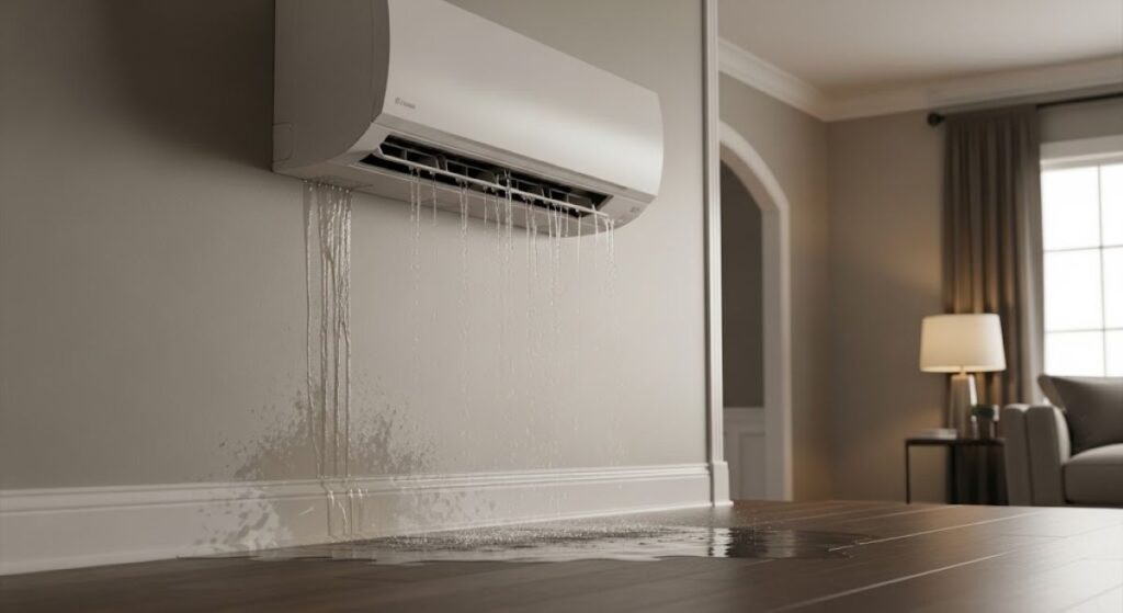 A mini-split AC unit is shown leaking water down a wall, illustrating the key problem of a mini split leaking water.