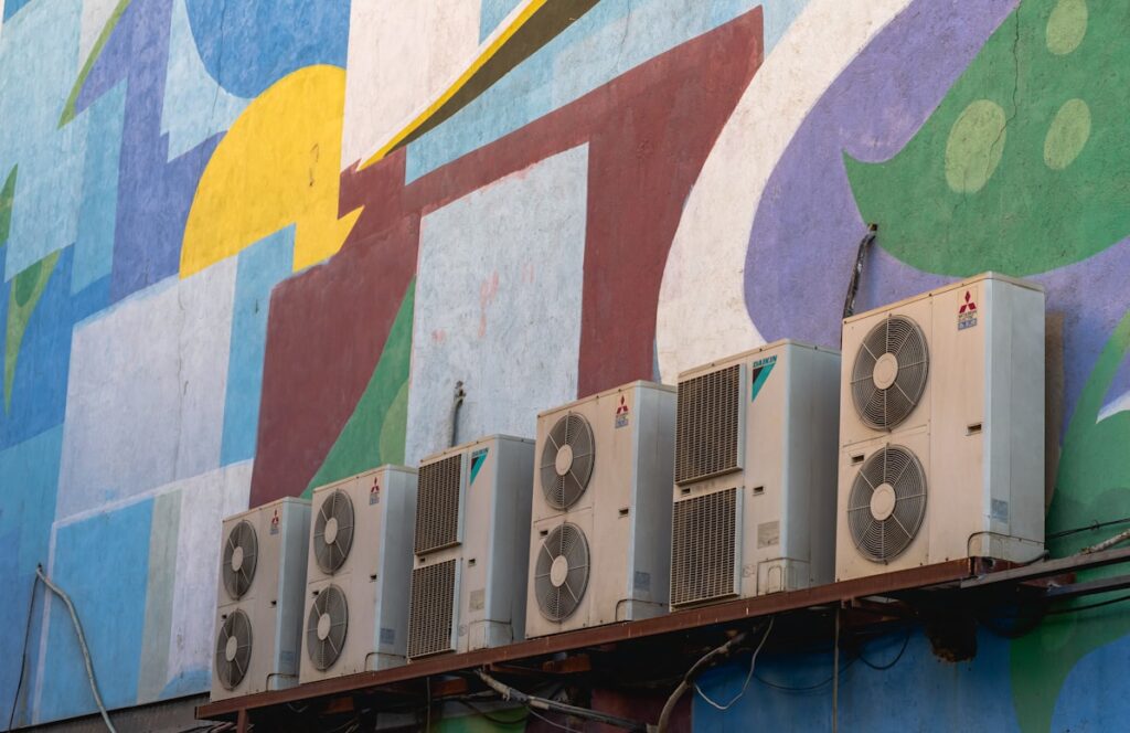 A line of turned-off HVAC systems that illustrates to search around what to do if an HVAC is not turning on.
