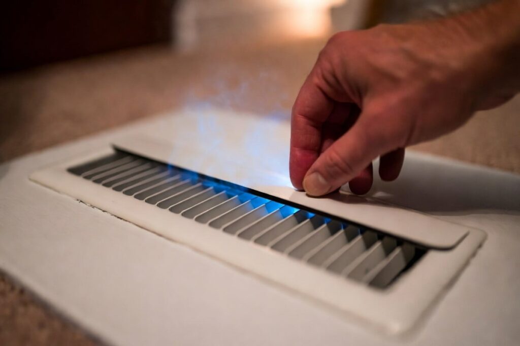 A hand covers an AC floor vent with a magnetic cover since cold air is coming from the AC vents in winter.