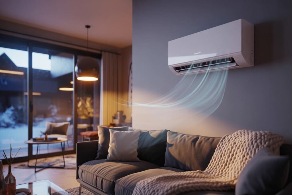 A mini-split unit with the heat mode activated, blowing cold air from it's vent, inside a living room in a cold environment.