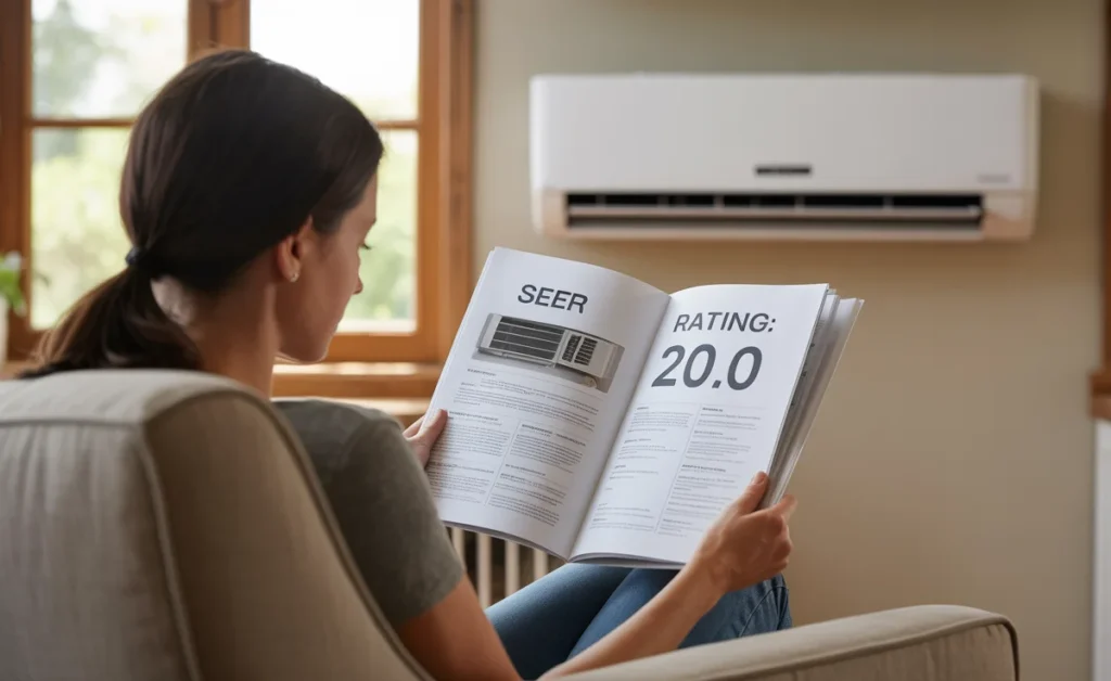 A woman sitting in front of her air conditioner, reading the manual that clearly shows 20.0 which is a good SEER rating.