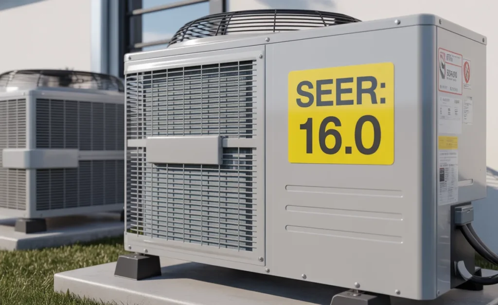 An AC system outside a house, with the SEER rating showed on a part of it, letting the owner understand what is SEER in AC.
