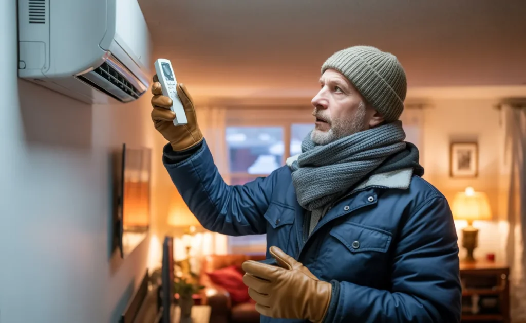 A man with warm clothes setting up his air conditioner to warm his house, showing the importance of winterizing an AC system.
