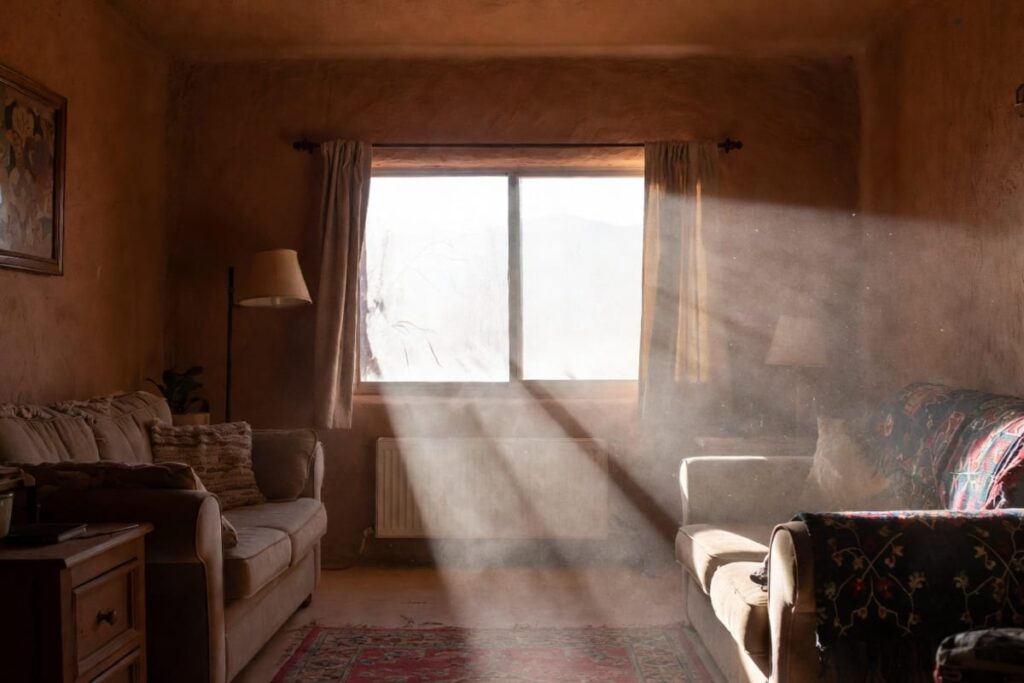 Sunlight beam from a window, revealing floating dust particles inside a house, illustrating winter indoor air quality issues.