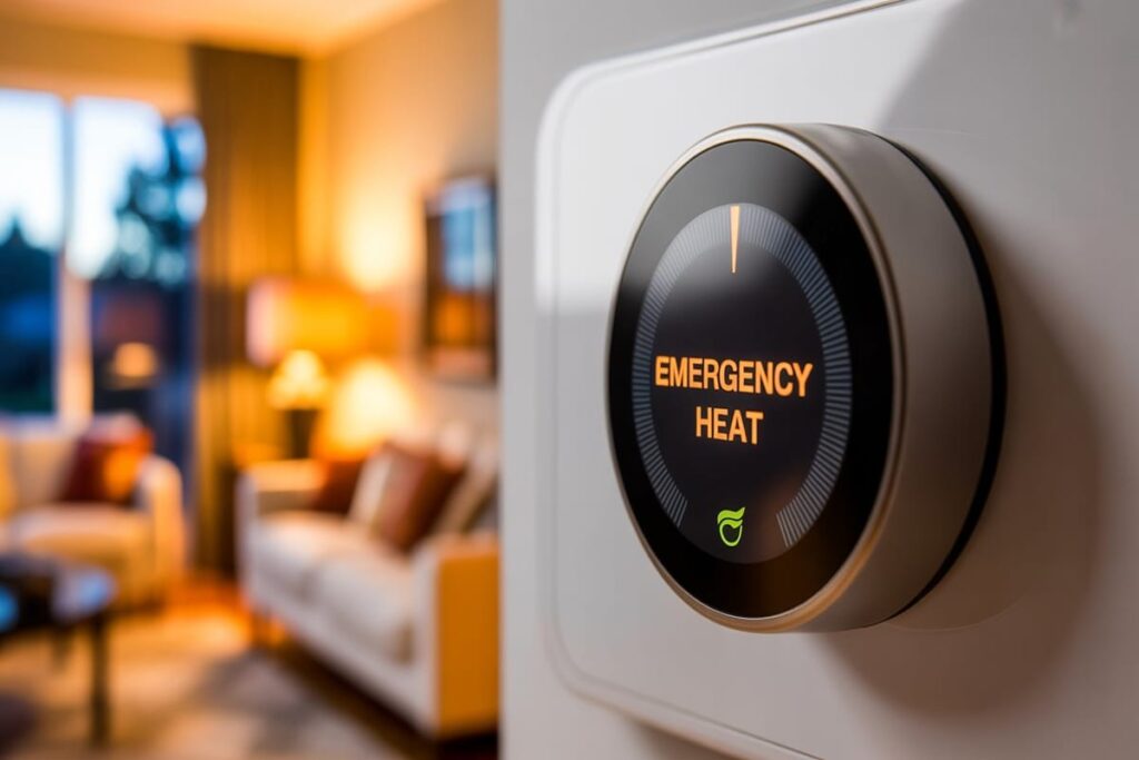 HVAC digital thermostat display set to EMERGENCY HEAT, illustrating when to switch hvac to emergency heat.