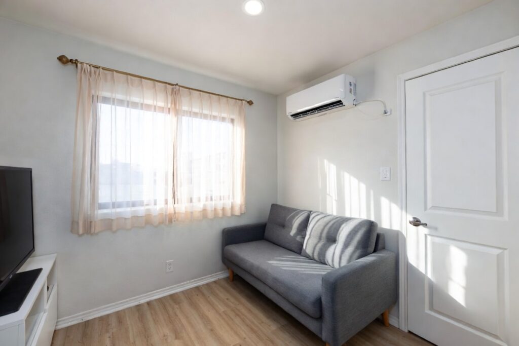 A small house with a mini split installed in it, as an example of the importance of the mini split sizing for small homes.