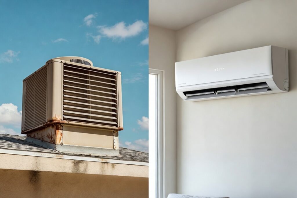 A comparison of a roof swamp cooler and a wall mini-split, illustrating when to switch from a swamp cooler to a mini split.