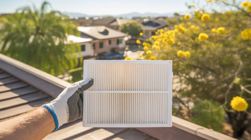 Clean air filter held up in spring, showing the importance of improving air quality for spring allergies in Arizona.