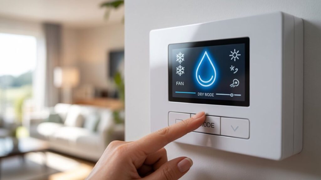 A mini split thermostat in a wall being configured to dry mode, showing the importance of using the mini split dry mode.