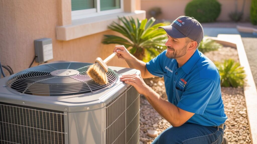 An HVAC technician cleaning a system in the outside of a house, showing the importance of attending summer HVAC failures.