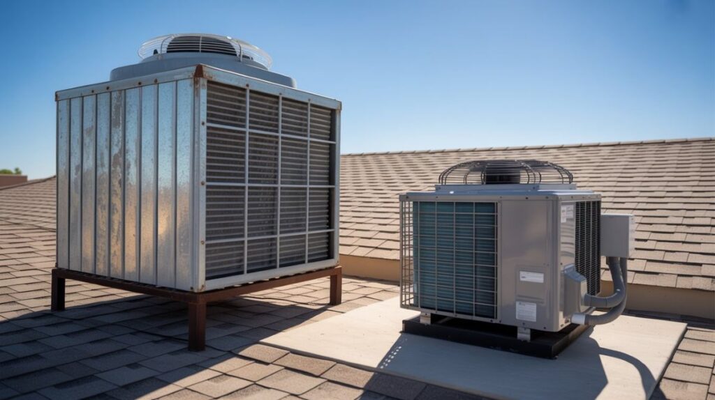 A metal swamp cooler and AC on a roof, illustrating the use of a swamp cooler and AC at the same time.