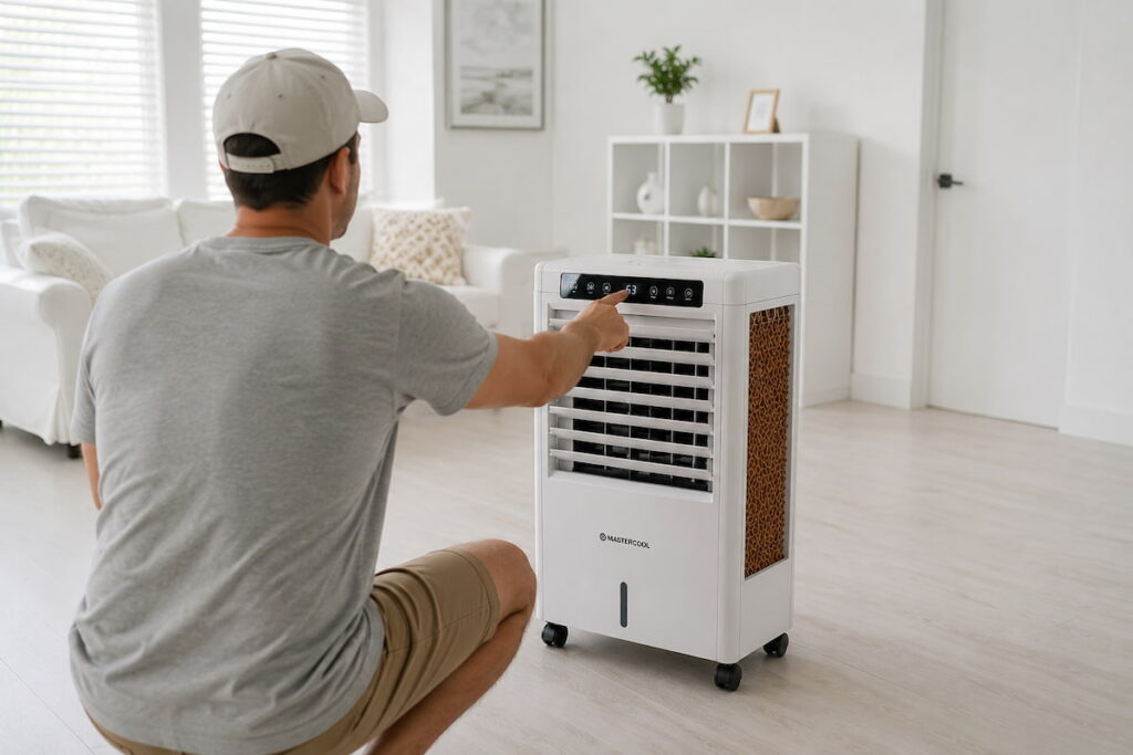 A man changing his swamp cooler setting thanks to learning how to lower swamp cooler humidity for best performance.