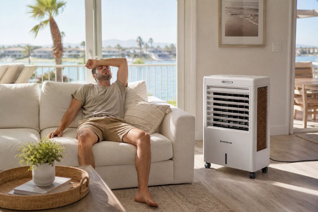 Someone on a couch sitting next to a swamp cooler, showing the importance of knowing why a swamp cooler is blowing warm air.