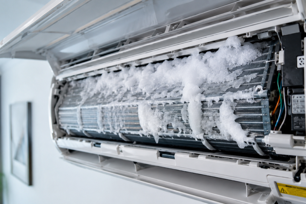 A mini split covered with ice in its inside, showing the importance of knowing why is a mini split freezing up in summer.