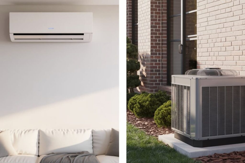 An indoor mini-split and an air conditioner in a house exterior, showing the difference of a mini split and a central air.