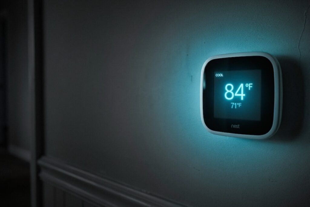 An AC thermostat at night with a high temperature, showing the annoyance of not knowing why an ac stops working at night.