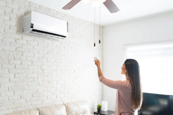 A woman dealing with a smelly mini split in her living room,as an example of what to do if a mini split smells musty.