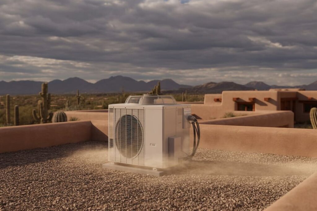 An HVAC unit on a roof with light brown dust around it and a dark sky, showing how to protect an HVAC during monsoon season.