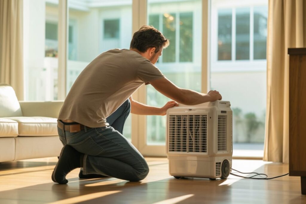 A man checking a swamp cooler, as an example of troubleshooting a swamp cooler that is not pumping water during hot season.