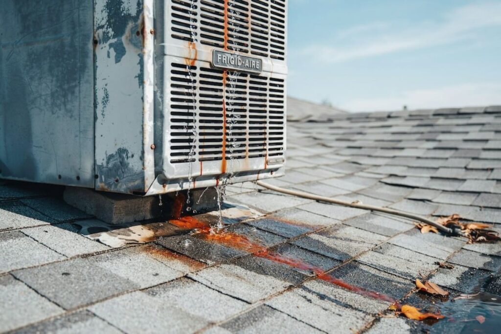 A rooftop swamp cooler leaking rusty water, showing the importance of knowing why is a swamp cooler leaking water.