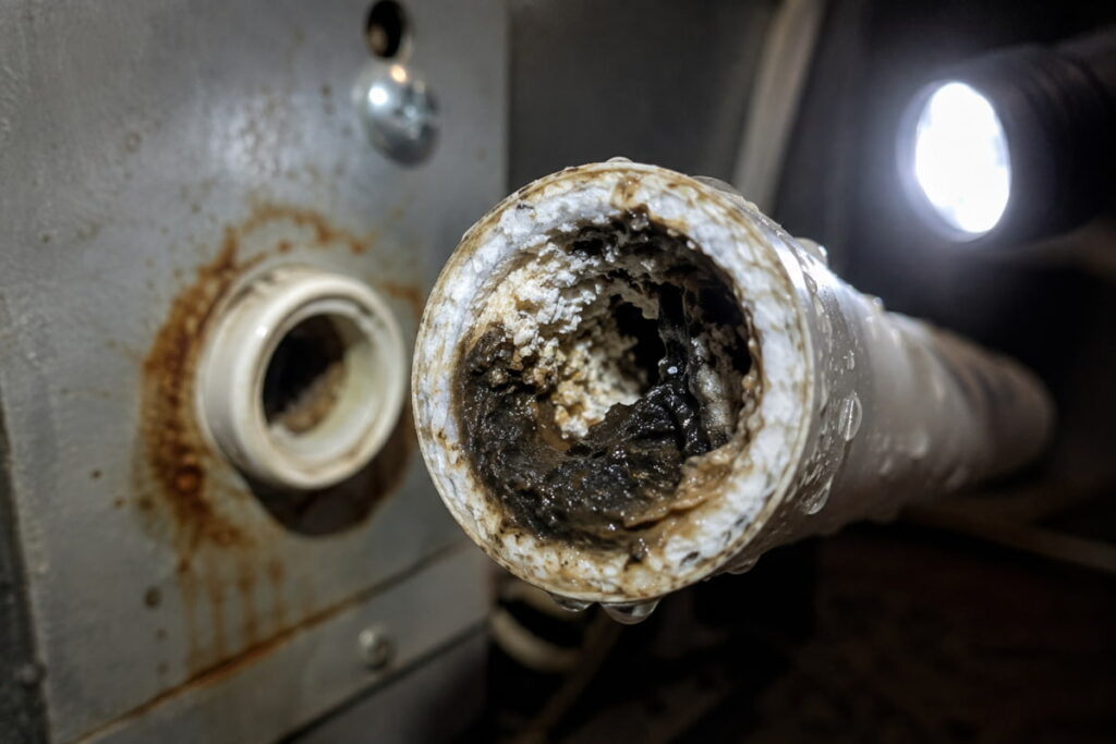 Close-up of a pipe with hard water damage on a cooling system, showing heavy mineral buildup and mineral descaling needs.