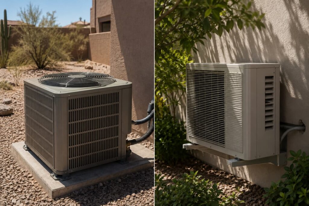 Side-by-side comparison of a traditional unit and a mini-split illustrating the differences of inverter vs single stage ac.