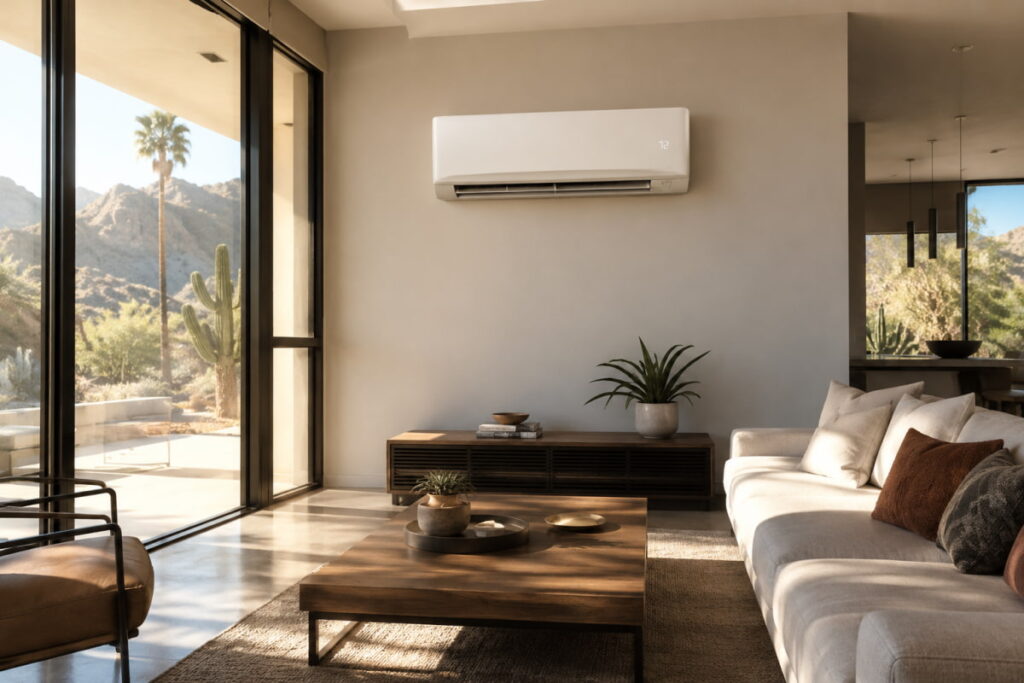 A modern white ductless unit illustrating the key points of putting a mini split in a hot room with big glass windows.