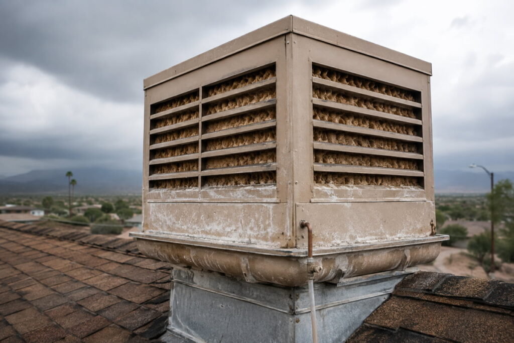 A swamp cooler in high humidity conditions with mineral buildup as an example of removing swamp cooler high humidity.