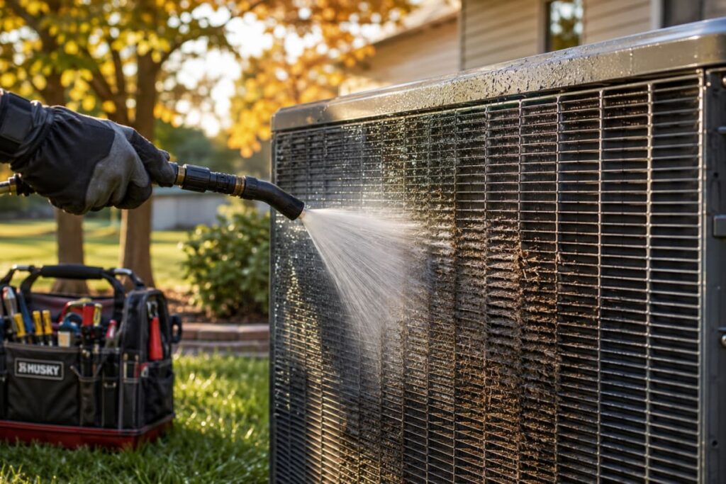 Technician using water to clean dirty AC condenser coils in a fall afternoon for essential end of summer ac maintenance.