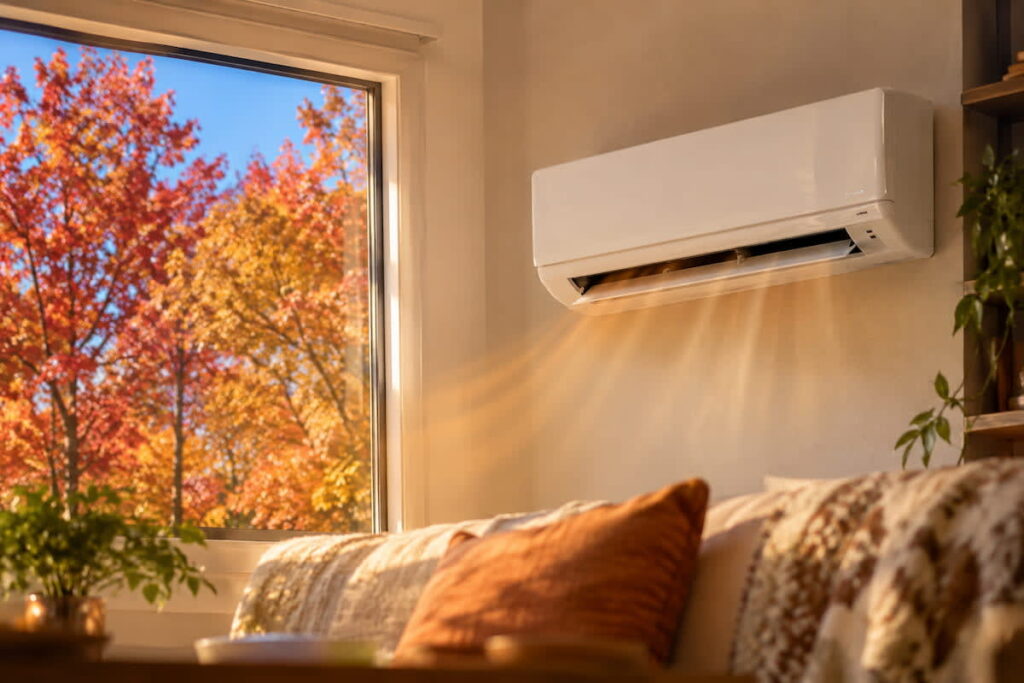 Indoor wall unit heating a living room with autumn foliage outside, showing a fall mini split heat pump in use.