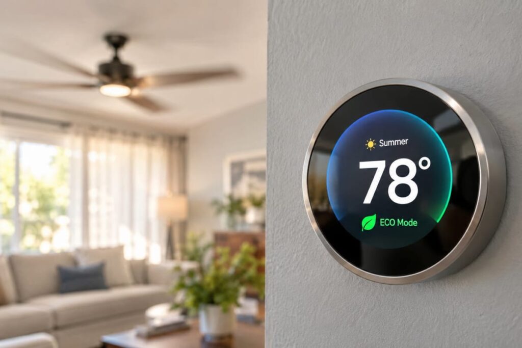 Smart thermostat displaying 78 degrees in eco mode to show how to make an ac consume less power.