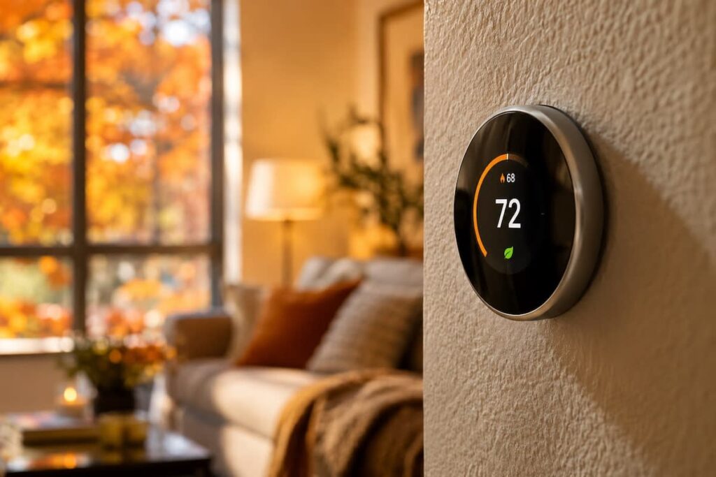 A smart thermostat heating a cozy room during fall, displaying a flame icon to troubleshoot HVAC short cycling issues.