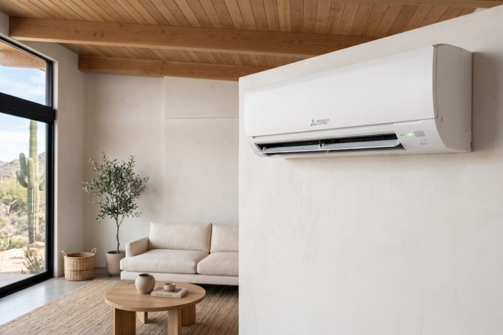 High-level mini split indoor unit in a desert room illustrating a mini split clicking noise when running heat mode.