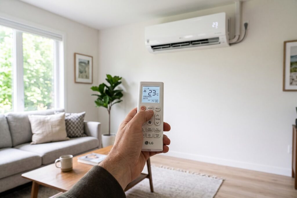 Hand holding a remote control to show a homeowner how to make a mini split switch to heat mode inside a bright living room.