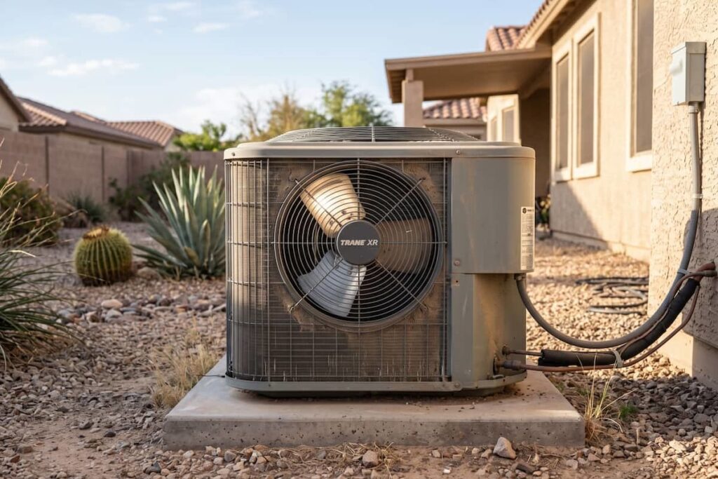 Trane condenser showing post summer ac wear and tear in a gravel Lake Havasu Arizona desert yard with cacti.